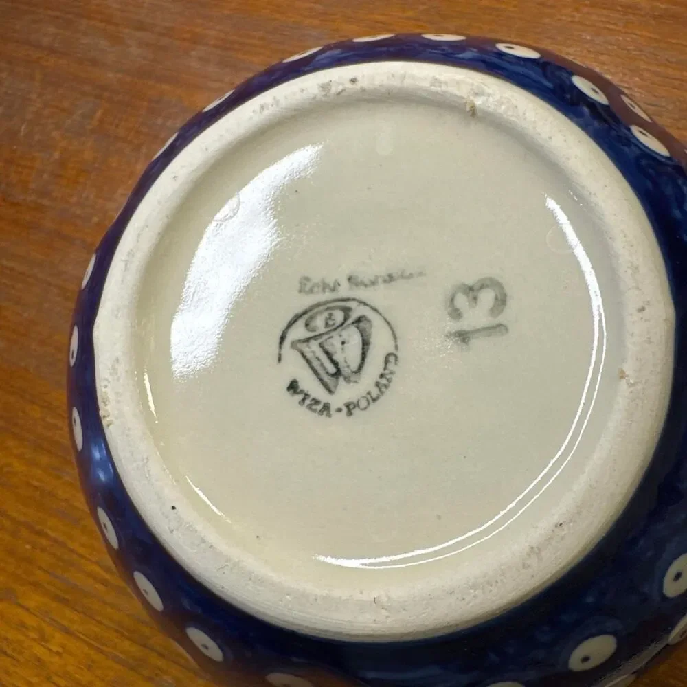 Polish Pottery Bowl Dark Blue and White Dots